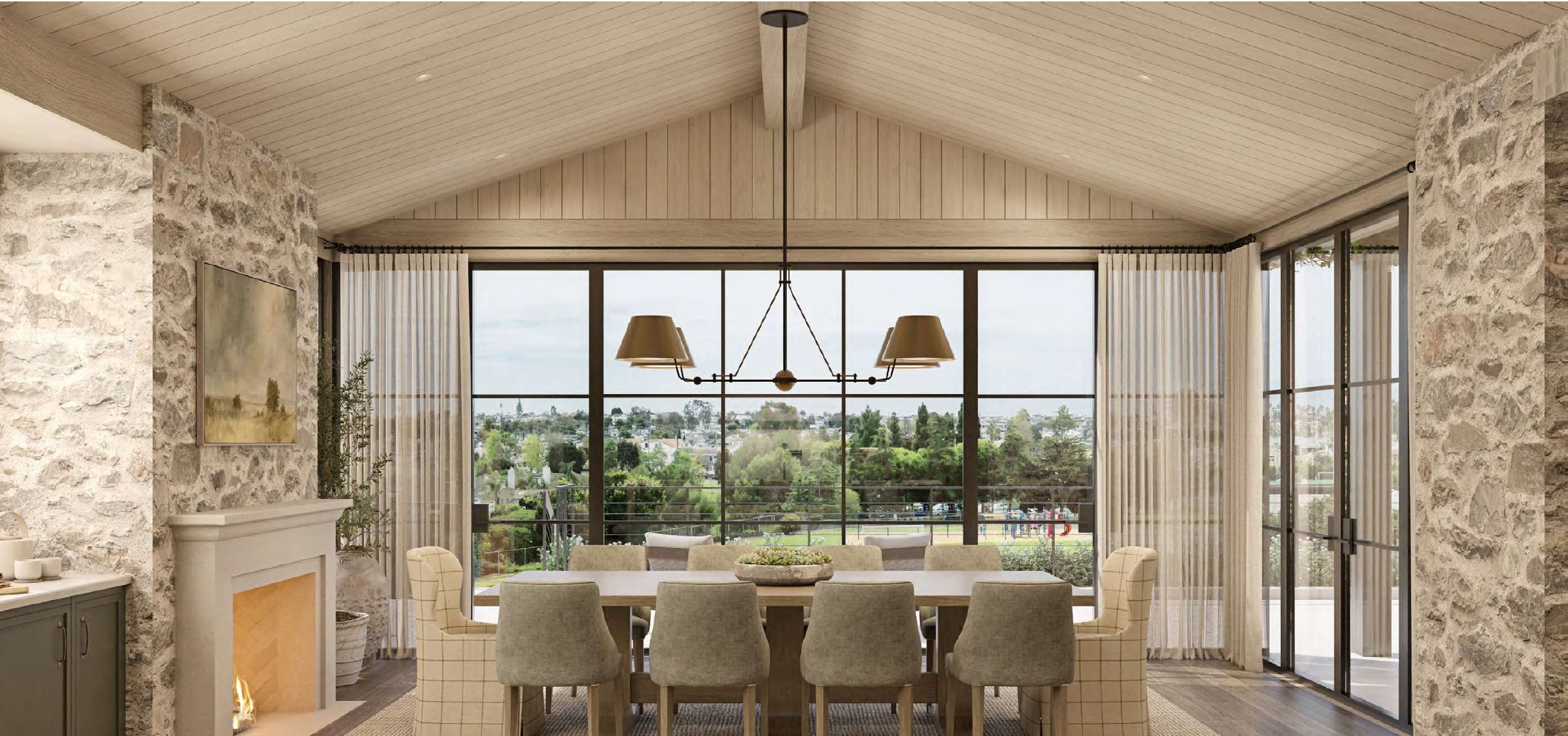 Dining room with vaulted ceiling and panoramic view windows