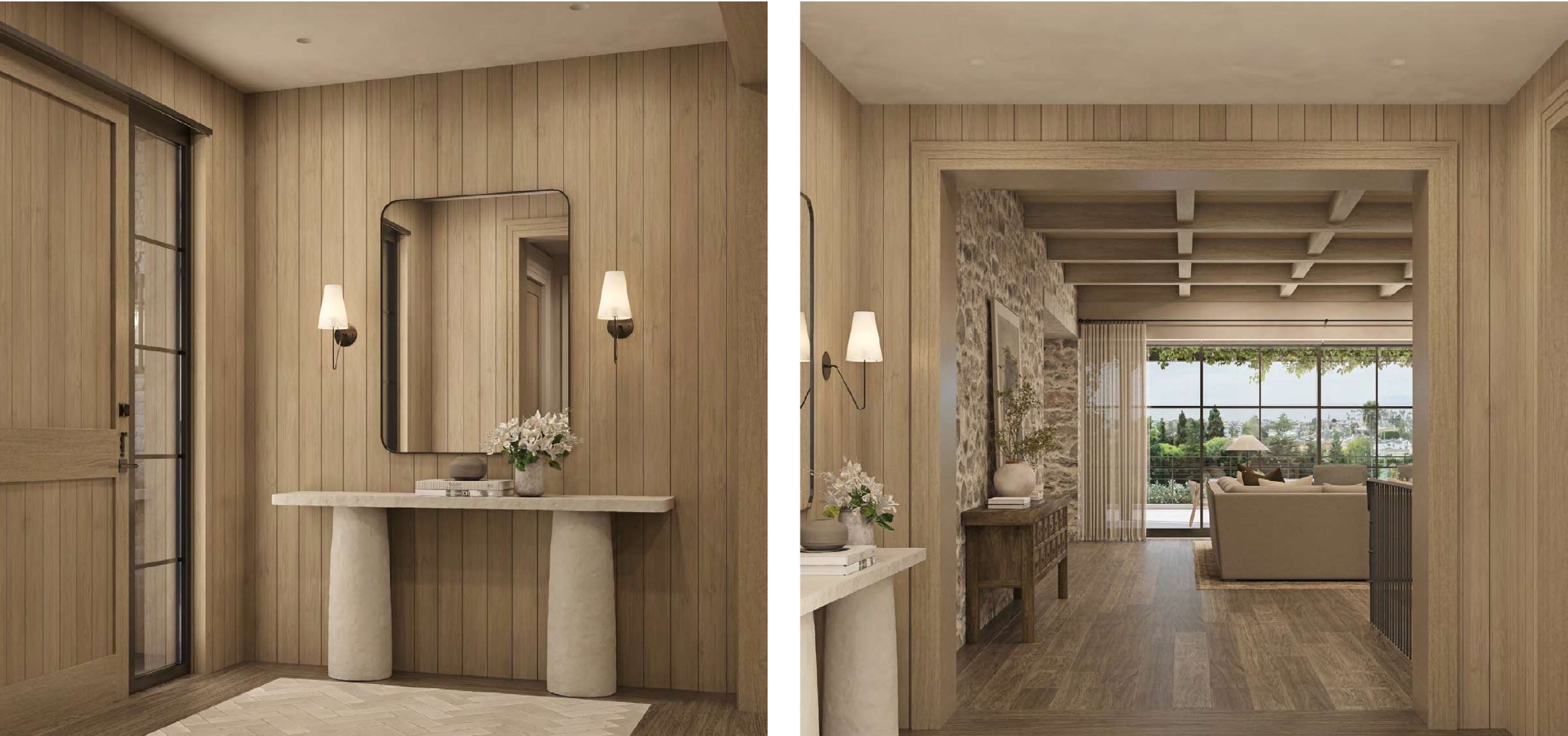 Entry foyer with herringbone stone floors and warm wood paneling