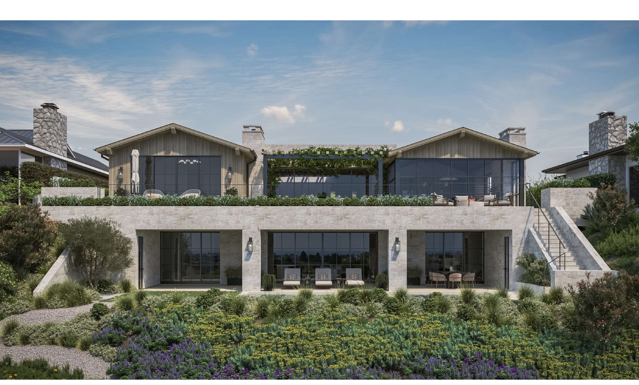 Daytime exterior rendering showing stone facade and terraced landscaping