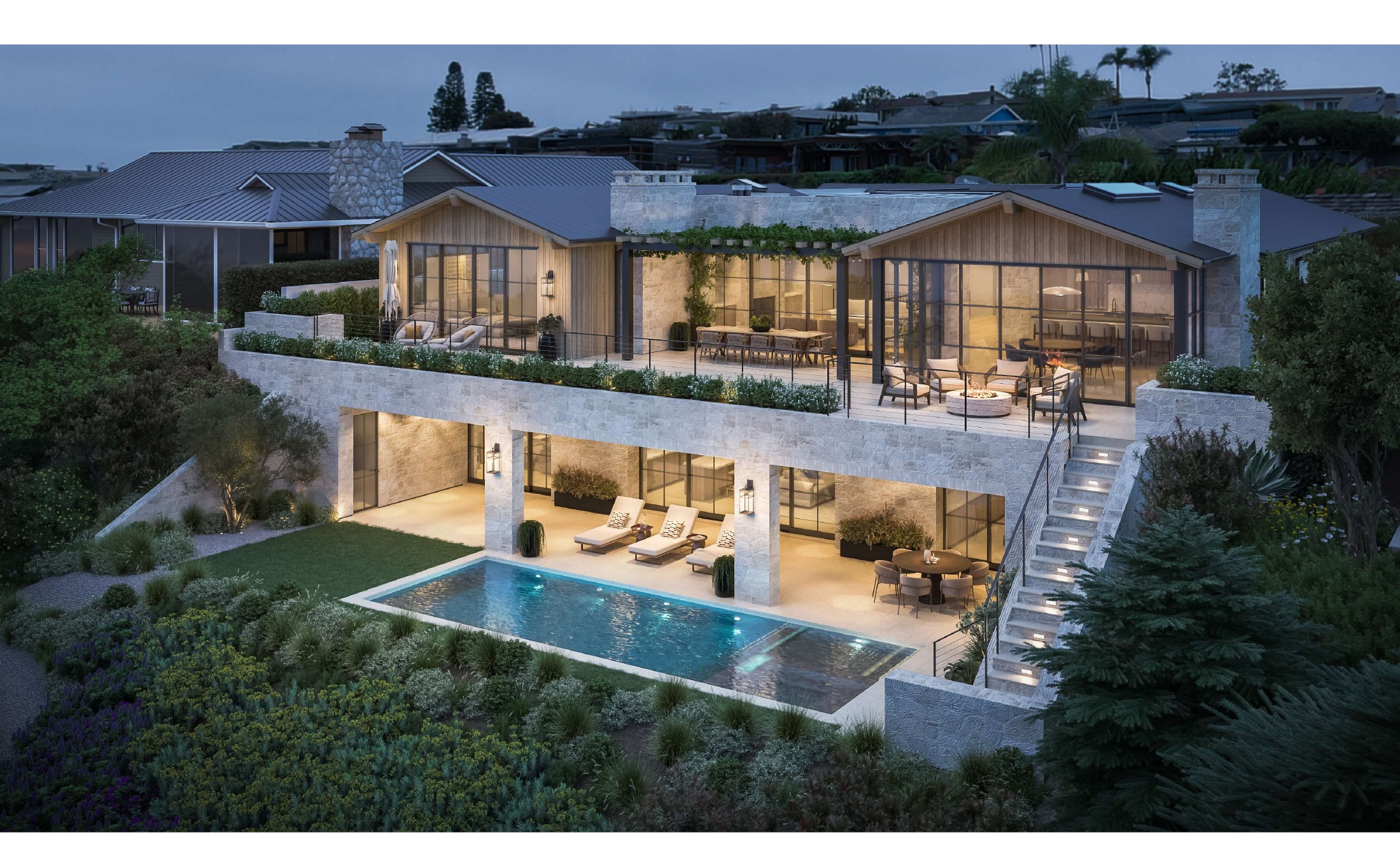 3001 Harbor View Drive Corona del Mar luxury coastal residence at dusk with pool