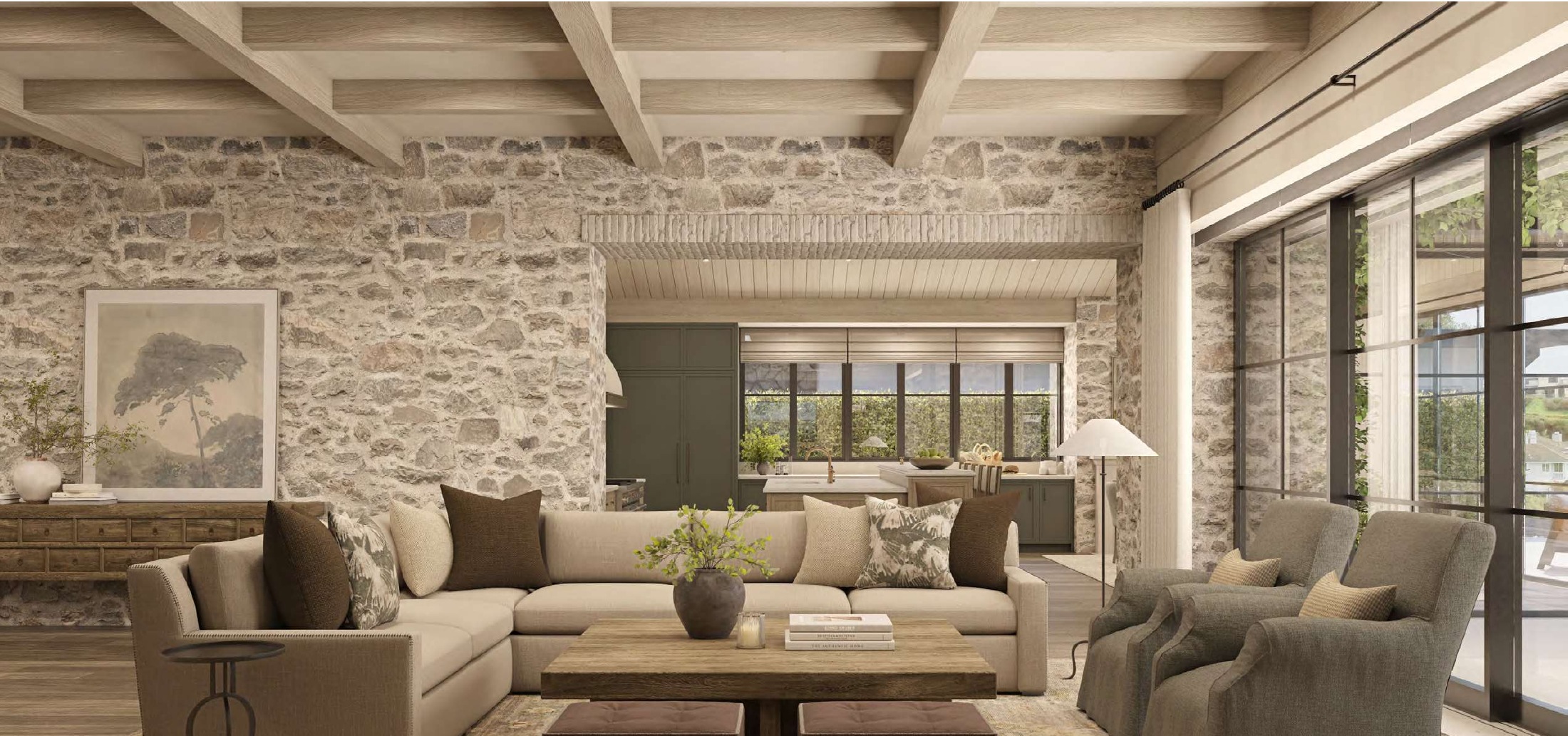 Great room with hand-laid fieldstone walls and bleached oak beam ceiling