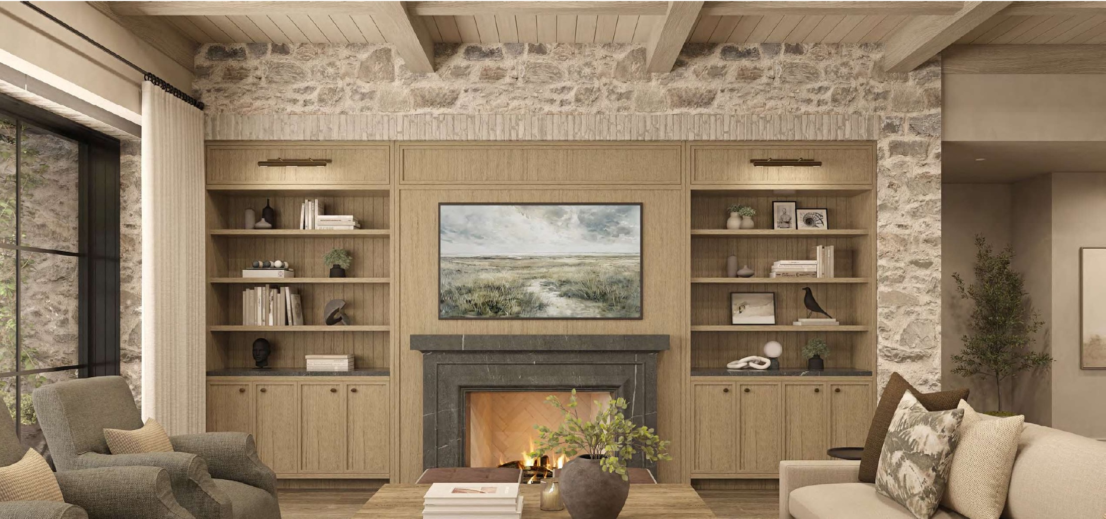 Great room opening to outdoor terrace with coastal views