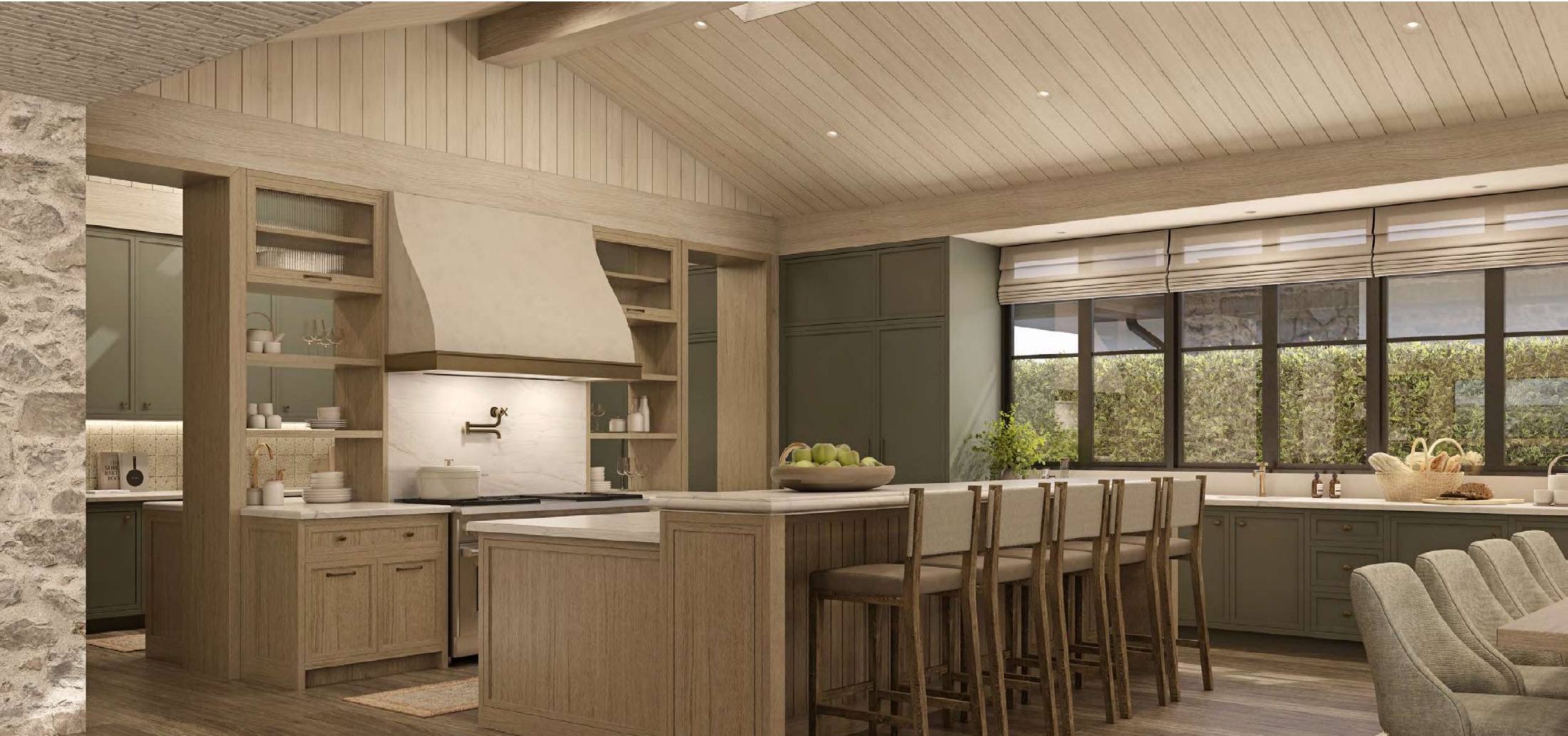 Kitchen with sage green cabinetry and large island